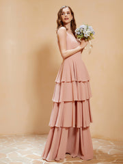 Robe Longue Bohème en Mousseline avec Volants Rose Poudré