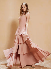 Robe Longue Bohème en Mousseline avec Volants Rose Poudré