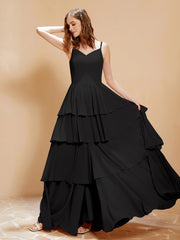 Robe Longue Bohème en Mousseline avec Volants Noir