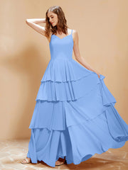 Robe Longue Bohème en Mousseline avec Volants Bleu