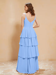 Robe Longue Bohème en Mousseline avec Volants Bleu Grande Taille