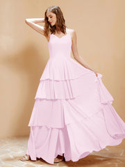 Robe Longue Bohème en Mousseline avec Volants Rose Pâle