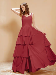 Robe Longue Bohème en Mousseline avec Volants Bordeaux Grande Taille