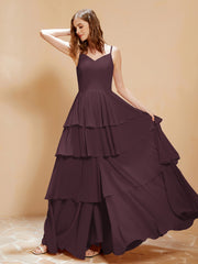 Robe Longue Bohème en Mousseline avec Volants Cabernet
