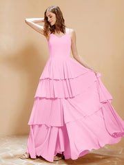 Robe Longue Bohème en Mousseline avec Volants Rose Bonbon
