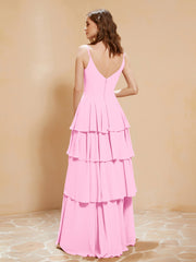 Robe Longue Bohème en Mousseline avec Volants Rose Bonbon