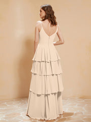 Robe Longue Bohème en Mousseline avec Volants Champagne Grande Taille