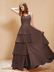 Robe Longue Bohème en Mousseline avec Volants Chocolat