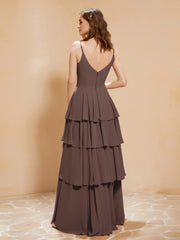 Robe Longue Bohème en Mousseline avec Volants Chocolat