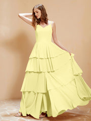 Robe Longue Bohème en Mousseline avec Volants Jonquille