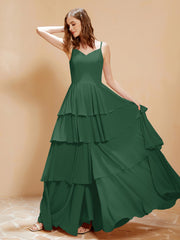 Robe Longue Bohème en Mousseline avec Volants Vert Foncé