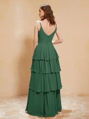 Robe Longue Bohème en Mousseline avec Volants Vert Foncé