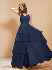 Robe Longue Bohème en Mousseline avec Volants Bleu Marine Grande Taille