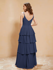 Robe Longue Bohème en Mousseline avec Volants Bleu Marine