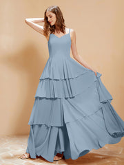 Robe Longue Bohème en Mousseline avec Volants Bleu Poudré Grande Taille