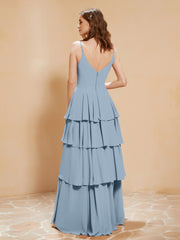 Robe Longue Bohème en Mousseline avec Volants Bleu Poudré Grande Taille