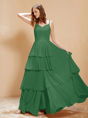 Robe Longue Bohème en Mousseline avec Volants Emeraude
