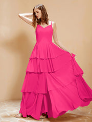 Robe Longue Bohème en Mousseline avec Volants Fuchsia Grande Taille