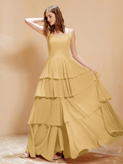 Robe Longue Bohème en Mousseline avec Volants Or Grande Taille