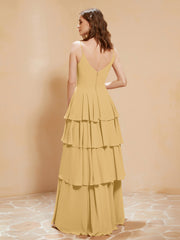 Robe Longue Bohème en Mousseline avec Volants Or