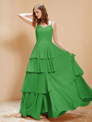 Robe Longue Bohème en Mousseline avec Volants Vert