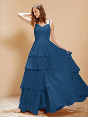Robe Longue Bohème en Mousseline avec Volants Bleu Encre Grande Taille