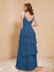 Robe Longue Bohème en Mousseline avec Volants Bleu Encre
