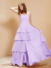 Robe Longue Bohème en Mousseline avec Volants Lilas Grande Taille