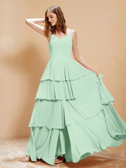 Robe Longue Bohème en Mousseline avec Volants Vert Menthe Grande Taille