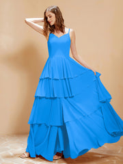 Robe Longue Bohème en Mousseline avec Volants Bleu Océan