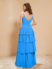 Robe Longue Bohème en Mousseline avec Volants Bleu Océan
