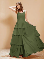 Robe Longue Bohème en Mousseline avec Volants Olive Verte Grande Taille