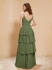 Robe Longue Bohème en Mousseline avec Volants Olive Verte Grande Taille