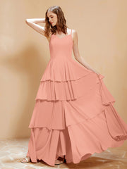Robe Longue Bohème en Mousseline avec Volants Papaye Grande Taille