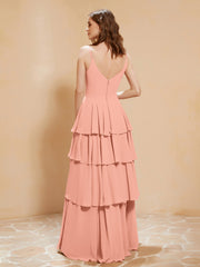 Robe Longue Bohème en Mousseline avec Volants Papaye