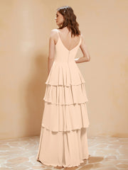 Robe Longue Bohème en Mousseline avec Volants Pêche