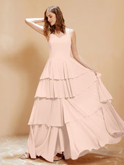 Robe Longue Bohème en Mousseline avec Volants Rose Perle