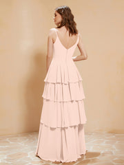 Robe Longue Bohème en Mousseline avec Volants Rose Perle