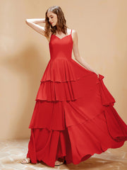 Robe Longue Bohème en Mousseline avec Volants Rouge