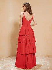 Robe Longue Bohème en Mousseline avec Volants Rouge