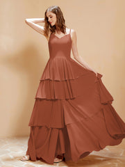 Robe Longue Bohème en Mousseline avec Volants Rouille