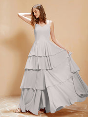 Robe Longue Bohème en Mousseline avec Volants Argent Grande Taille