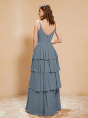 Robe Longue Bohème en Mousseline avec Volants Bleu de Schiste Grande Taille