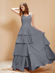 Robe Longue Bohème en Mousseline avec Volants Gris Acier