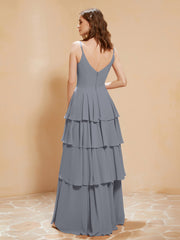 Robe Longue Bohème en Mousseline avec Volants Gris Acier