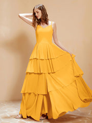 Robe Longue Bohème en Mousseline avec Volants Mandarine