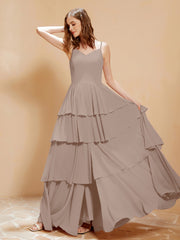 Robe Longue Bohème en Mousseline avec Volants Taupe