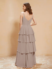 Robe Longue Bohème en Mousseline avec Volants Taupe