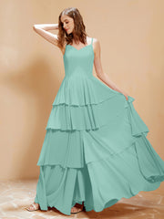 Robe Longue Bohème en Mousseline avec Volants Turquoise