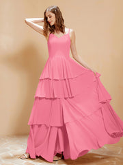 Robe Longue Bohème en Mousseline avec Volants Pastèque